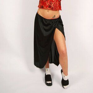 80s Satin Maxi Skirt (L) large black vintage slip slit rave whimsygoth preppy